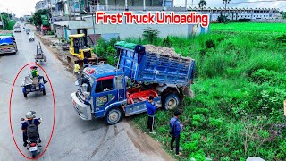 Nicely First Starting New Project Landfill up processing Dump truck unloading soilrock amp Dozer D61EX [upl. by Rafferty]