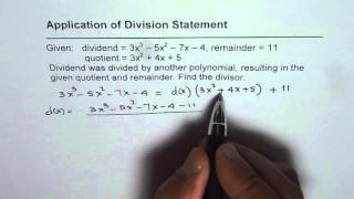 Find Divisor Given Dividend and Remainder Using Division Statement [upl. by Raama510]