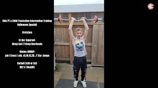 Kids PT Halloween Special Stretches Ez Bar Superset 10mins AMRAP Barbell RDLs  Deadlift [upl. by Anelet]