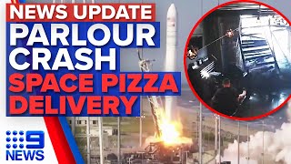 Car ploughs into US tattoo parlour International space station pizza delivery  9 News Australia [upl. by Brigg692]