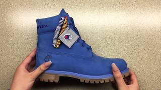 Timberland X Champion 6 inch boots Blue Unboxing  on feet [upl. by Megargee]