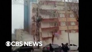 Video shows building collapse in Turkey as earthquake strikes [upl. by Eanore143]