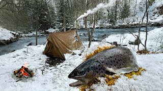 Hot Tent Camping in deep Winter amp Catch and Cook [upl. by Irahs442]