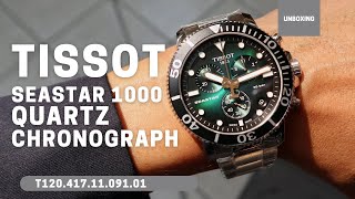 UNBOXING TISSOT SEASTAR 1000 CHRONOGRAPH GREEN DIAL T1204171109101 [upl. by Iilek]