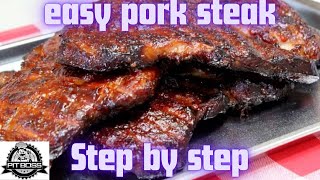 Pit boss pro series  smoke bbq pork steaks on pellet grill [upl. by Neelra]