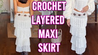 Crochet Tiered Skirt  DIY Layered Skirt Tutorial  ALL SIZES  Crochet Shell Maxi Skirt  Flowy [upl. by Bronez]