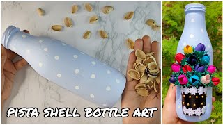 Beautiful glass bottle painting Pista shell bottle art Easy bottle decoration with pista shell [upl. by Islean]