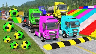 Double Flatbed Trailer Truck vs Speedbumps Train vs Cars  Tractor vs Train BeamngDrive 0131 [upl. by Brass]