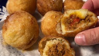 Rellenos de Papas  Puerto Rican Stuffed Potato Balls  EASY [upl. by Nekal387]