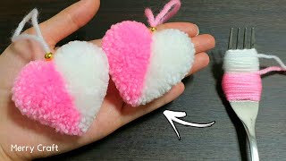 Super Easy Pom Pom Heart Making with Fork  Amazing Craft Ideas with Wool  How to Make Yarn Heart [upl. by Merry]