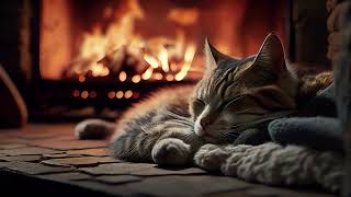 Relax with Purring Cat Crackling Fireplace and Rain sound 🔥 Sleep in Cozy Ambience [upl. by Aciras]