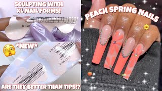 TRYING KIARA SKY NEW XXL NAIL FORMS 🤩✨ Are they better than nail tips  Peach Spring Nails [upl. by Llehsyar]