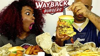 WAYBACK BURGERS TRIPLE TRIPLE CHALLENGE MUKBANG MAC amp CHEESE BITES ONION RINGS amp OREO MUD PIE [upl. by Attlee]