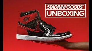 STADIUM GOODS UNBOXING Air Jordan 1 High OG “Bred Patent Leather” [upl. by O'Shee859]