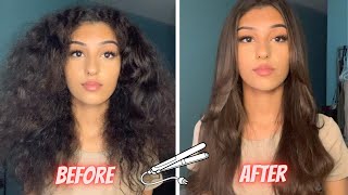 CURLY TO STRAIGHT HAIR HOW TO SLEEK LOOK ON THICK HAIR [upl. by Aehtna933]