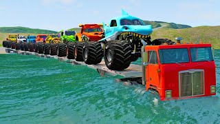 Quad Flatbed Long Trailer Monster Trucks Transport Car Rescue  Cars vs Deep Water  BeamNGdrive [upl. by Koval]