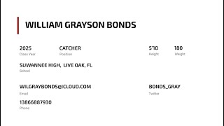 William Grayson Bonds 2025 Catcher [upl. by Nessi]