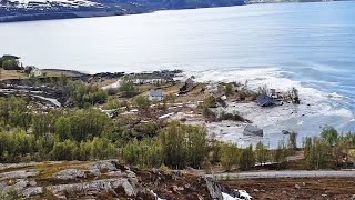 Landslide sweeps Norway homes into the sea [upl. by Aihsatsan]