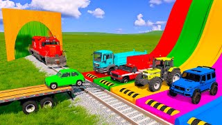 Double Flatbed Trailer Truck vs Speedbumps  Train vs Cars  Truck vs Portal Trap  BeamNGDrive 10 [upl. by Nelyk]