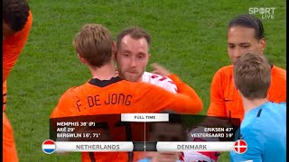 The Dutch and Danish players embrace Christian Eriksen after his brilliant return for Denmark [upl. by Anirtik]