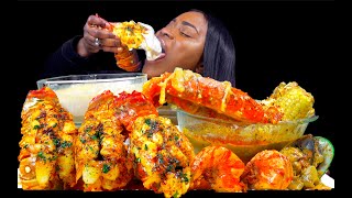 GIANT KING CRAB LEGS SEAFOOD BOIL MUKBANG  ALFREDO CHEESE SAUCE  GIANT LOBSTER TAILS MUKBANG [upl. by Atteuqal]