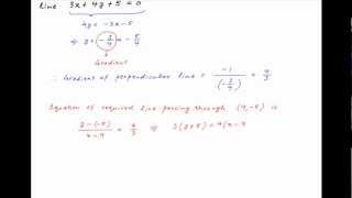 Find equation of line through 45 and perpendicular to line 3x4y50 [upl. by Salim]