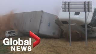 News crew captures terrifying tractortrailer rollover while covering crash scene [upl. by Atneuqal]