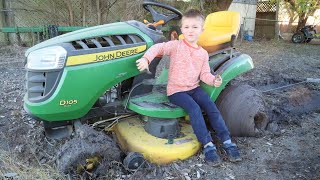 Our tractor is stuck  Playing in the mud with lawn mower  Tractors for kids [upl. by Yannodrahc52]