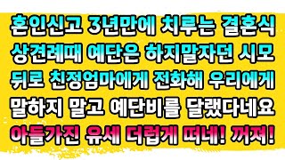 카카오실화 혼인신고 3년만에 치루는 결혼식 상견례때 예단은 하지말자던 시모 뒤로 친정엄마에게 전화해 우리에게 말하지 말고 예단비를 달랬다네요 아들가진 유세 더럽게 떠네 꺼져 [upl. by Grogan89]