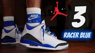 EARLY LOOK JORDAN 3 RACER BLUE REVIEW amp ON FEET W LACE SWAPS [upl. by Johanan]