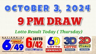 Lotto Result Today 9pm draw October 3 2024 649 642 6D Swertres Ez2 PCSO [upl. by Akcimahs]