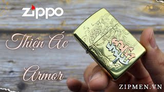 Bật lửa zippo armor ốp chữ đồng đỏ chủ đề thiện ác cao cấp  zippo chính hãng [upl. by Anaz]