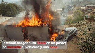 Intentan cargar auto Tesla en un poste se incendia el vehículo y una casa [upl. by Alake718]