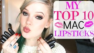 MY TOP 10 MAC LIPSTICKS  LIP SWATCHES  ImMalloryBrooke [upl. by Samaj139]