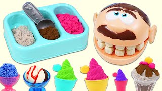 Pretend Feeding Mr Play Doh Head Kinetic Sand Ice Cream [upl. by Iclek]