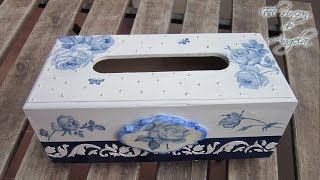 Decoupage relieve y porcelana fria para decorar una caja de pañuelos de madera [upl. by Jolee499]