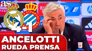 ANCELOTTI RUEDA PRENSA completa REAL MADRID 4  ESPANYOL 1 hoy Mbappé Vincius Rodrygo [upl. by Alaaj81]