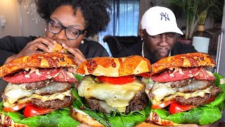 PRAY FOR CLIFF TRIPLE CHEESE BAGEL BURGERS MUKBANG EATING SHOW [upl. by Odranoel]