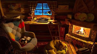 Cat amp Dog in a Cozy Winter Cabin  Snowstorm Sounds Snowfall Wind Fireplace for Deep Sleep Relax [upl. by Frieder756]