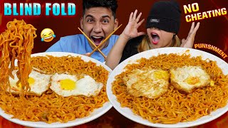 Honest Blind fold 2x Spicy Noodles and egg with chopsticks eating challenge 🔥🔥 Fun challenge [upl. by Dee]