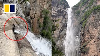 Tourist discovers waterfall in China supplied through pipes [upl. by Hebe]