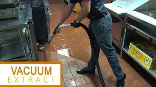 Demo Restaurant Floor Cleaner Tile  Wet Vac OmniFlex quotSpace Saverquot Video [upl. by Egoreg]