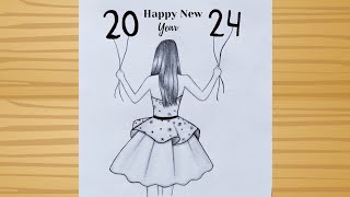 Happy New year 2024 drawing  Drawing on New year How to draw a girl  Happy New year  Easy Art [upl. by Honeywell405]