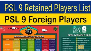 PSL 9 Retainedplayers list  PSL 9 Foreign Players list  PSL 9 all Squads  PSL 9 Draft Date [upl. by Osnofla]