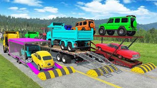 TRANSPORTING PIXAR CARS amp FRUITS WITH COLORED amp JOHN DEERE vs CLAAS vs TRACTORS  BeamNGdrive 962 [upl. by Atilol]