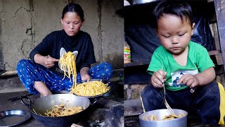 Rita cooks noodles for her son Ridam in the farm house  Life in rural Nepal  Ritarojan [upl. by Theda]