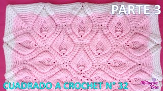 PARTE 3 Como tejer el Cuadro o cuadrado N° 32 a crochet en punto hojas rellenas en relieves y espiga [upl. by Cliff259]