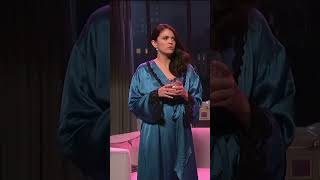 Cecily Strong  Long Blue Satin Robe RobesOfSNL style fashion comedy snl snl50 silk satin [upl. by Enilecram]