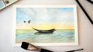 How to paint watercolor seascape for beginners  sea sky clouds boat [upl. by Yrdnal]