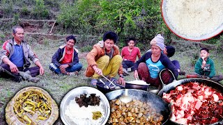 jungle man invited villagers for buff dry fry curry amp rice eating  junglefamilycooking [upl. by Aipmylo869]